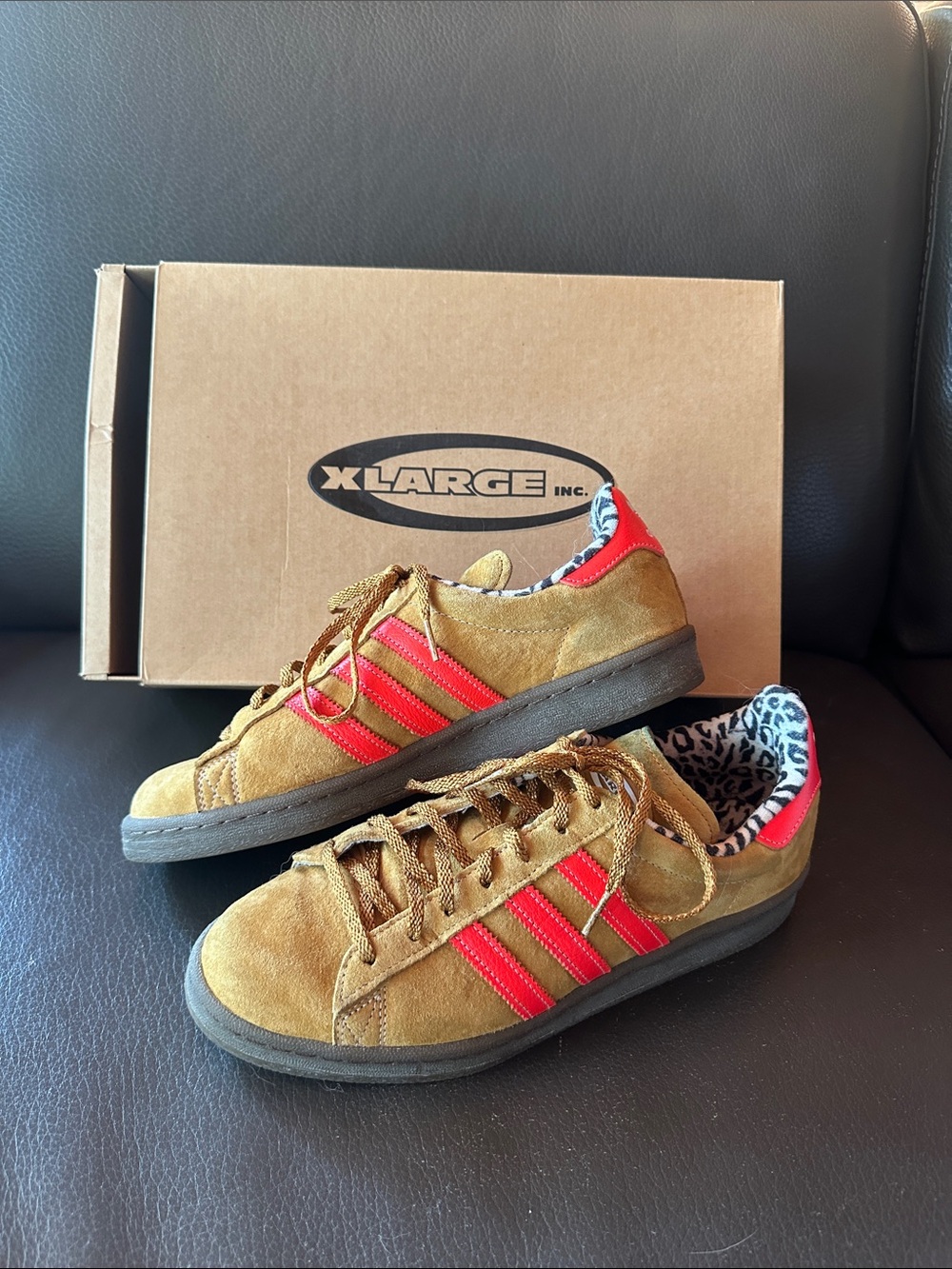 adidas Brown Suede Sneakers with Red Stripes and Leopard Lining